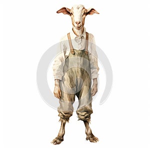 Vintage Watercolored Goat Wearing Overalls - Genre Painting Style