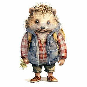 Vintage Watercolored Hedgehog Illustration With Backpack