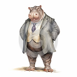 Vintage Watercolored Hippopotamus In Business Attire Illustration