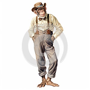 Vintage Watercolored Monkey In Overalls Holding A Hat