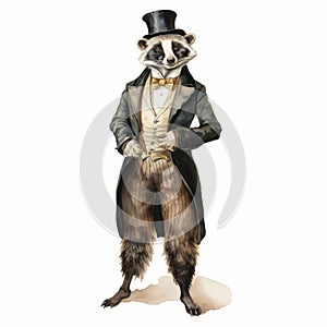 Vintage Watercolored Raccoon In Fanciful Costume Design