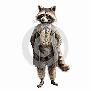 Vintage Watercolored Raccoon Illustration With No Background In Full Body