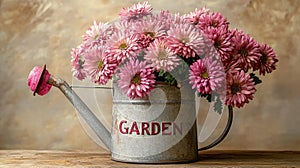 A vintage watering can filled with vibrant pink daisies in a rustic garden setting
