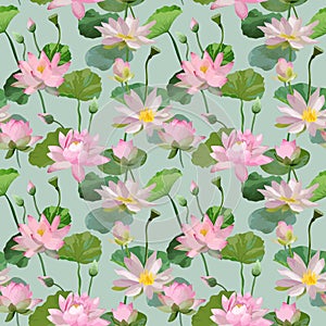 Vintage Waterlily Flowers in Watercolor Style. Seamless Background