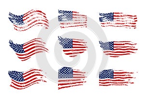 Vintage waving USA flag set. Vector waving American flags on grunge texture.