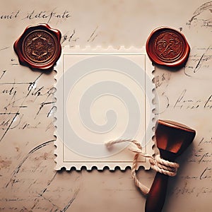 Vintage wax seal stamp and blank paper on old paper background.