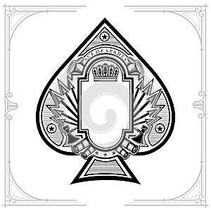 Vintage weapon and arrows with frame in the middle of ace of spades form. Military design playing card