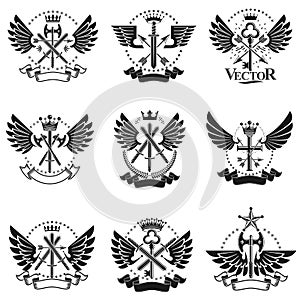 Vintage Weapon Emblems set. Heraldic signs vector vintage elements collection.