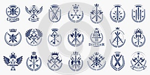 Vintage weapon vector logos or emblems, heraldic design elements big set, classic style heraldry military war armory symbols,