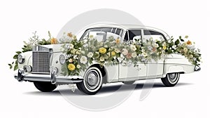 decoration on wedding car. Vintage Wedding Car Decorated with Flowers