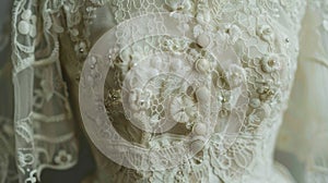 A vintage wedding dress on display adorned with intricate beading and lace detailing photo