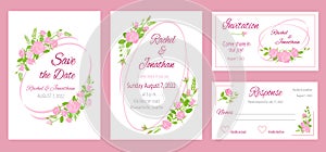 Vintage wedding invitation cards with frames and roses bouquets decor. Floral greeting design with rose flowers and