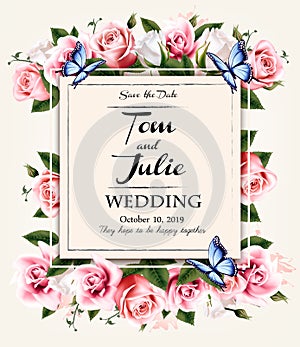 Vintage wedding invitation desing with coloful flowers