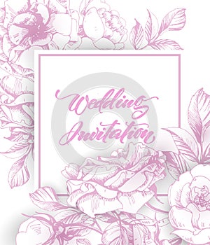 Vintage wedding invitation with roses. Save the date design. Hand drawn illustration. Vector template