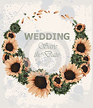 Vintage wedding invitation with sunflowers wreath Vector. Beautiful spring summer card old grunge style. 3d detailed