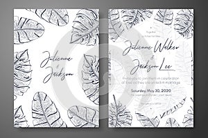 Vintage wedding invitation templates with tropical leaves. Cover design for cards, wedding invites, save the date