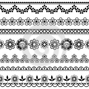 Vintage wedding lace seamless vector pattern set, ornamental repetitive design with flowers and swirls in black on white backgroun