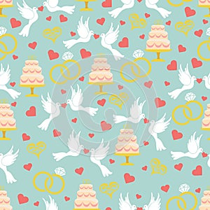 Vintage wedding seamless pattern set.Hearts, pigeons,cake,rings