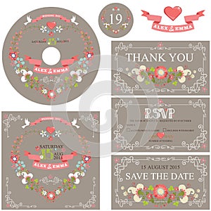 Vintage wedding template set with floral wreath