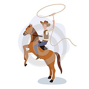 vintage western cowboy with Lasso Riding Horse. Flat vector cartoon character illustration