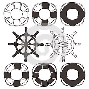 Vintage wheel and lifebuoy. Hand drawn decorative elements