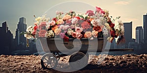 Vintage wheelbarrow filled with flowers in cityscape, concept of Retro charm