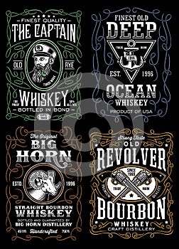 Vintage Whiskey Label T-shirt Design Collection Isolated on Black