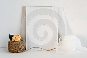 Vintage white background and blank postcard - white background and copy space. A romantic greeting card.