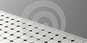 Vintage white and black ceramic tiles floor, grey wall and white skirting, perspective view, copy space. 3d illustration