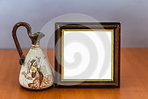 Vintage White Blank Banner Mock Up On Wooden Table With Antique Vase.Isolated Template Clipping Path