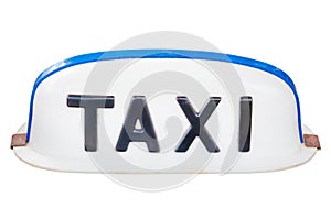 Vintage white with blue taxi sign isolated on white