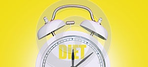 Vintage white clock with diet time on yellow background. Time to diet, creative idea. Losing weight, concept