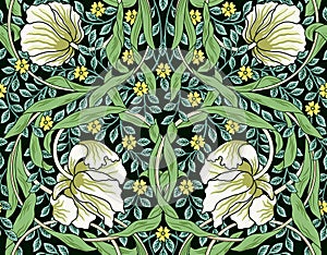 Vintage white flowers and green foliage seamless ornament. Vector illustration.