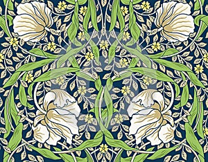 Vintage white flowers and green foliage seamless ornament. Vector illustration.