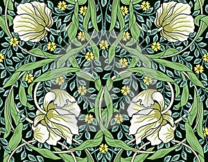Vintage white flowers and green foliage seamless ornament. Vector illustration. photo