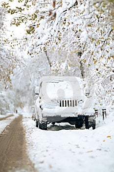 Vintage white Jeep is parked in a picturesque wintery landscape