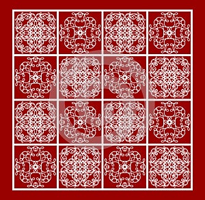 Vintage white lace patterns on red background, filigree repetitive ornamental tile