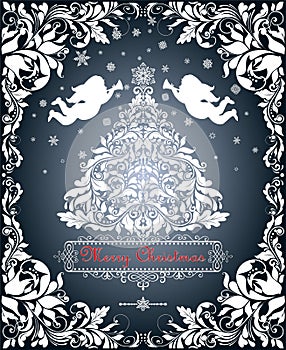 Vintage white paper cutting with Christmas cut out fir tree, snowflakes, angels and decorated floral border