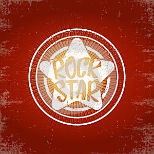 vintage white rock star print isolated on grunge red background. Vector Grunge Rock star emblem,logo and label concept