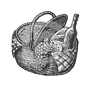 Vintage wicker picnic hamper or basket with food such as bottle of wine, cheese, bunch grapes, loaf. Sketch vector