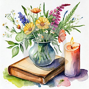 Vintage wildflowers watercolor spring concept. Flowers bouquet in vase, old book and burning candle