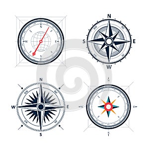 Vintage wind rose compass set. vector design of wind ro
