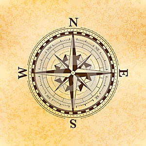 Vintage wind rose symbol, ancient compass icon on old yellow paper