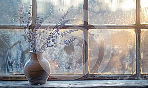 A vintage window sill with a ceramic vase containing lavender flower