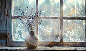 A vintage window sill with a ceramic vase containing lavender flower