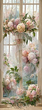 Vintage window with a soft pink rose and light curtain. Full of flowers. Vinatage rococo style. AI created a digital art