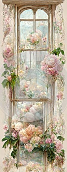 Vintage window with a soft pink rose and light curtain. Full of flowers. Vinatage rococo style. AI created a digital art