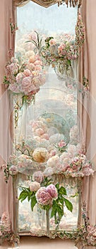 Vintage window with a soft pink rose and light curtain. Full of flowers. Vinatage rococo style. AI created