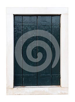 vintage window with stone marble frame protected with wooden dark closed exterior blinds isolated on white