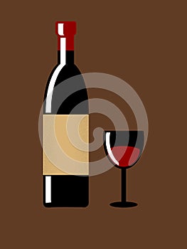 Vintage wine bottle and glass on brown background